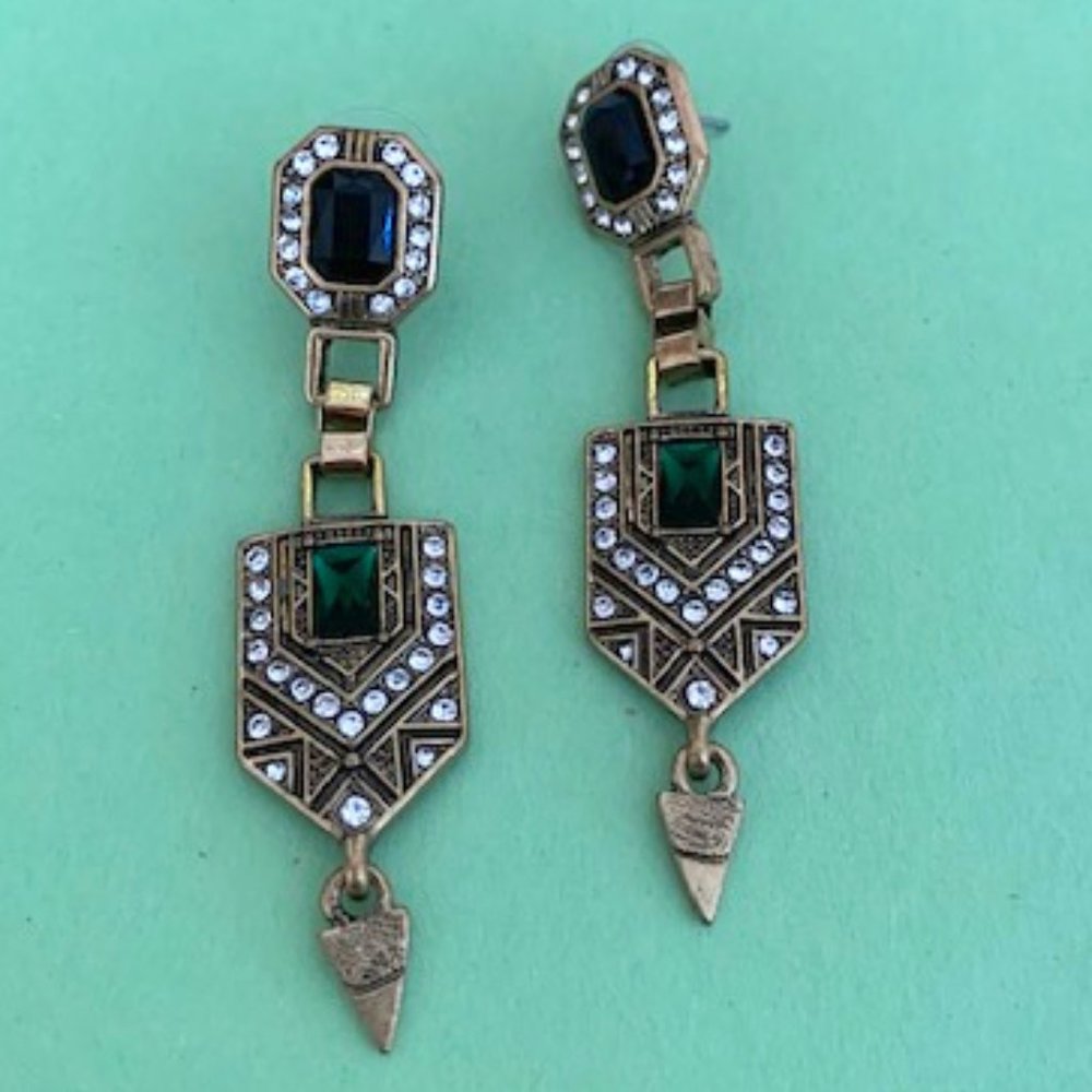 Art Deco long statement earrings with green center and rhinestone accents